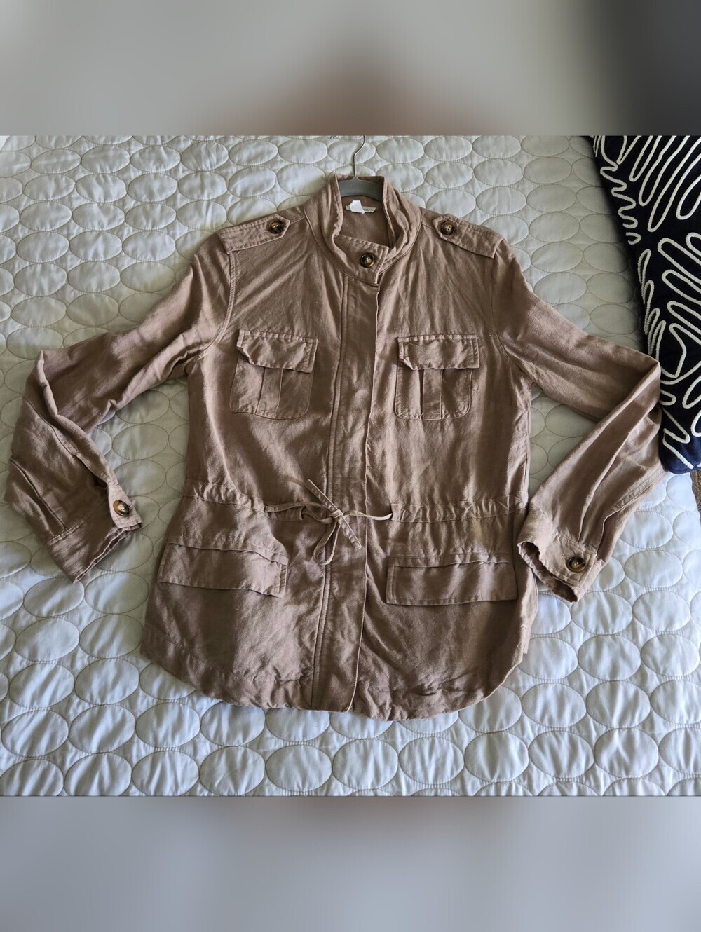 Linen Blend Utility Field Jacket Women S Cargo Pocket Military Travel Summer EUC